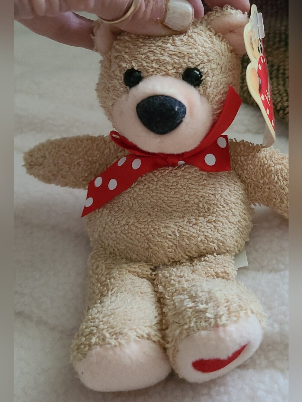 VINTAGE NWT Hallmark Beige Plush Teddy Bear with Red Polka Dot Bow
